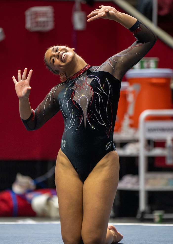 (Rick Egan | The Salt Lake Tribune)  Jaedyn Rucker performs on the floor, in gymnastics action between Utah  Red Rocks and Oregon State, at the Jon M. Huntsman Center, on Friday, Feb. 2, 2024.
