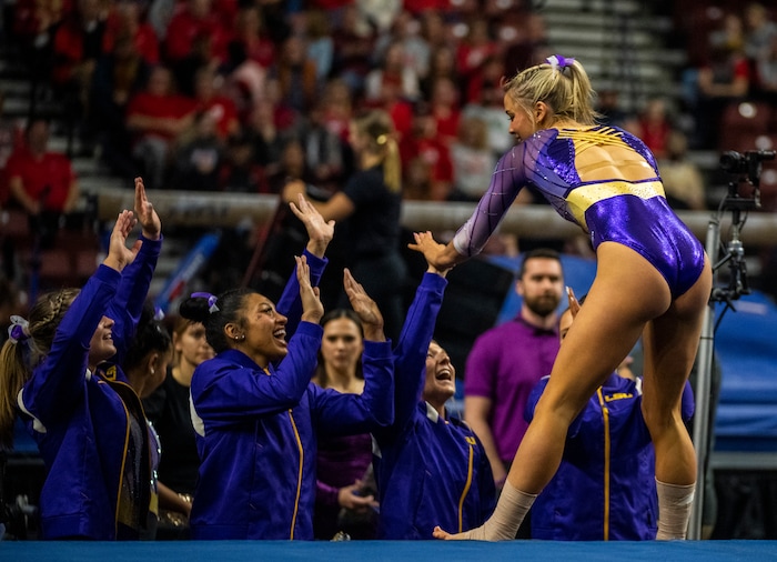 (Rick Egan | The Salt Lake Tribune)  LSU gymnast Livvy Dunne competes on the floor, in a gymnastics meet between Utah, LSU, Oklahoma and UCLA at the Maverik Center, on Saturday, Jan. 13, 2024.