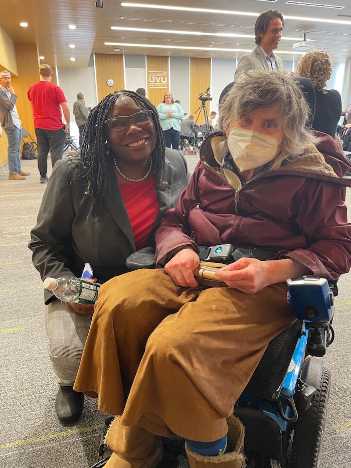 (Photo courtesy of Darlene McDonald) Darlene McDonald and Gail Blattenberger at the 2023 Healing Conversations Conference
Toward Bridging Social and Political Division at Utah Valley University on March 30, 2023.