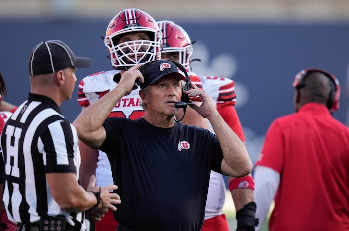 (Francisco Kjolseth  | The Salt Lake Tribune) University of Utah coach Kyle Whittingham as the Utah Utes are hosted by Utah State during NCAA football in Logan, Utah on Saturday, Sept. 14, 2024. 