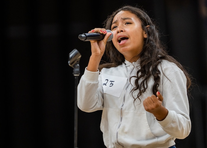 (Rick Egan | The Salt Lake Tribune) Kaylee Bucio performs for the judges, during the Jazz National Anthem try outs, at the Delta Center, on Tuesday, Aug. 29, 2023.