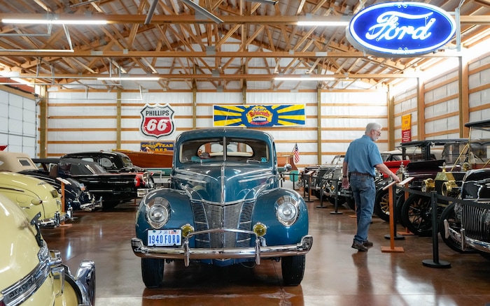 (Francisco Kjolseth  | The Salt Lake Tribune) Russell Baker, curator and chairman of the Richard W. Erickson Foundation Power Show & Museum in Wallsburg, Utah, gives a tour of one of the many buildings filled with classic cars on Tuesday, Aug. 6, 2024.