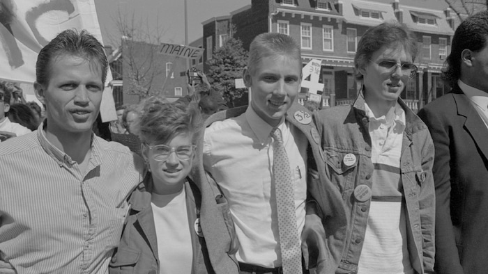 (Jeff Beatty  |  Sundance Institute) Student activists Tim Rarus, Bridgetta Bourne-Firl, Greg Hlibok, Jerry Covell, from left, lead a protest at Washington, D.C., Gallaudet University in 1988, in the documentary "Deaf President Now!," directed by Nyle DiMarco and Davis Guggenheim, an official selection of the 2025 Sundance Film Festival, in the Premieres program.