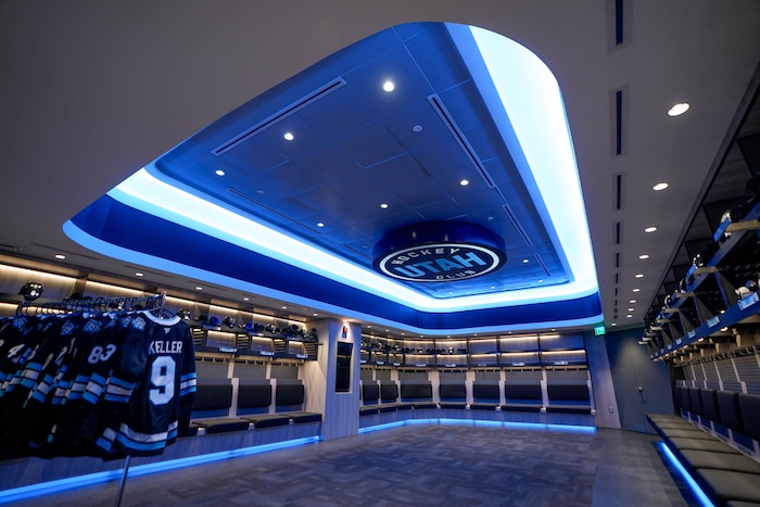 (Francisco Kjolseth  | The Salt Lake Tribune) The new Utah hockey club locker room is pictured at the Delta Center on Friday, Oct. 25, 2024, in Salt Lake City.