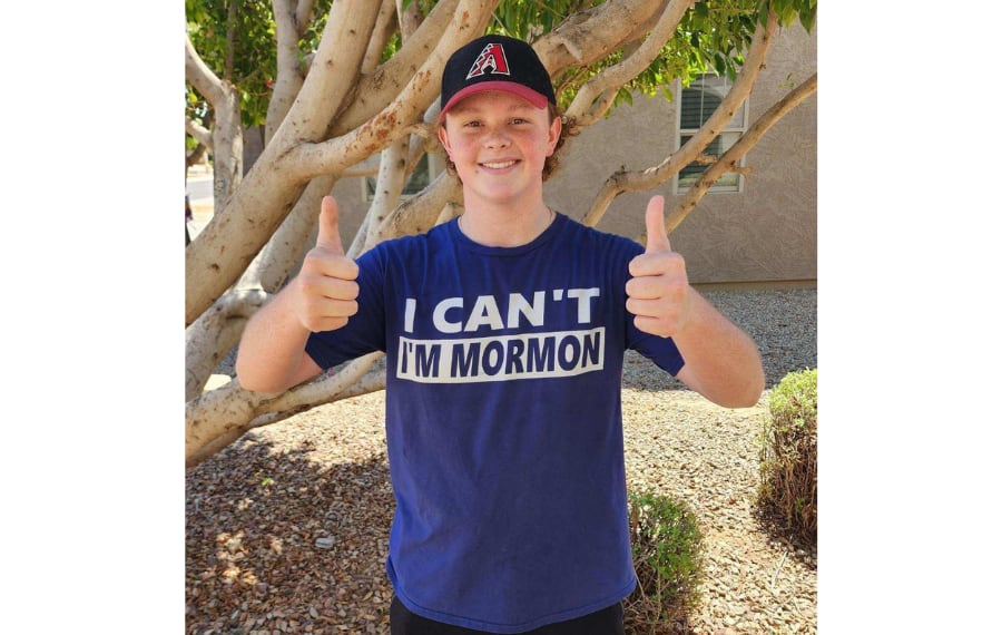 (Parker Mitchell) Latter-day Saint Parker Mitchell wore this shirt to an Arizona Diamondbacks baseball game. During a telecast, the play-by-play announcer misread the message on shirt during a quick camera shot.