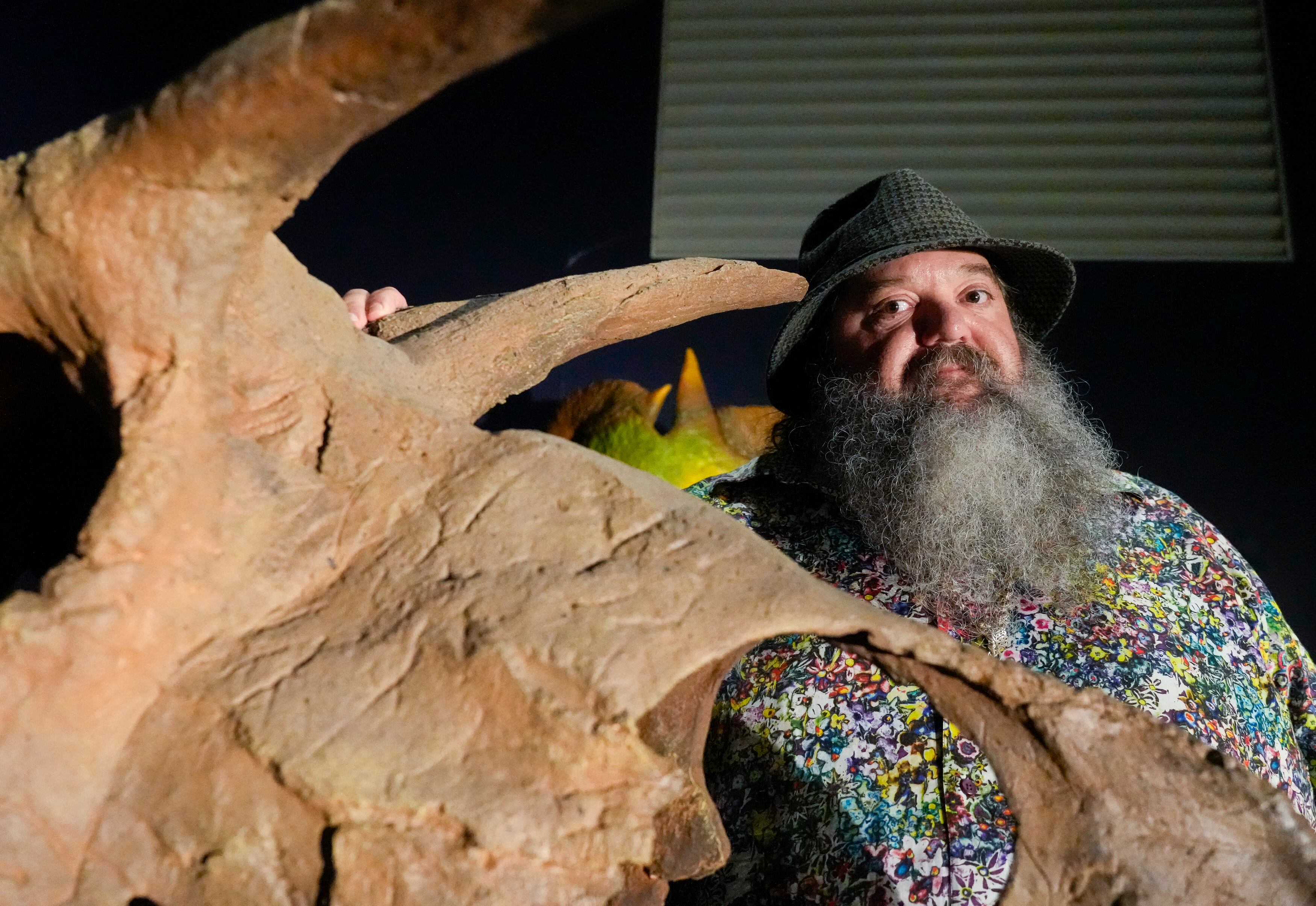 (Bethany Baker | The Salt Lake Tribune) Mark Loewen, a paleontologist at The University of Utah, stands in front of models of the new dinosaur being unveiled at the Natural History Museum of Utah at The University of Utah in Salt Lake City on Tuesday, June 18, 2024.