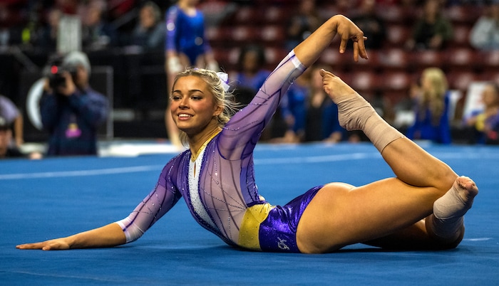 (Rick Egan | The Salt Lake Tribune)  LSU gymnast Livvy Dunne competes on the floor, in a gymnastics meet between Utah, LSU, Oklahoma and UCLA at the Maverik Center, on Saturday, Jan. 13, 2024.