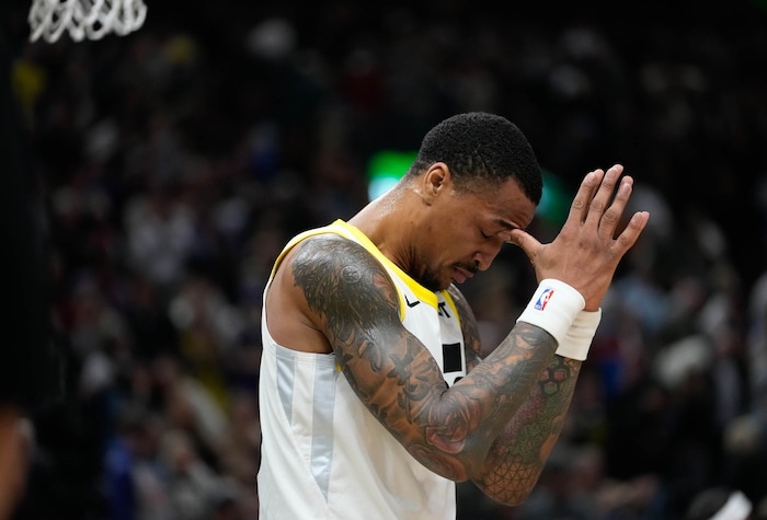 (Francisco Kjolseth  |  The Salt Lake Tribune) Utah Jazz forward John Collins (20) shows his disappointment as the Jazz fall to the Warriors 140-137 during an NBA basketball game Thursday, Feb. 15, 2024, in Salt Lake City.