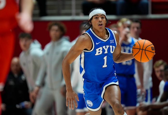 (Bethany Baker  |  The Salt Lake Tribune) Brigham Young Cougars guard Trey Stewart (1) brings the ball down the court at the Jon M. Huntsman Center in Salt Lake City on Saturday, Dec. 9, 2023.