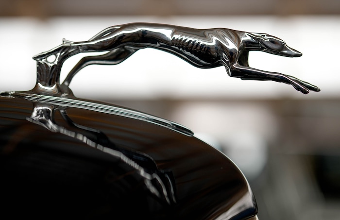 (Francisco Kjolseth  | The Salt Lake Tribune) The hood ornament on a 1939 Lincoln series K V-12, 4-door sedan is pictured at the Richard W. Erickson Foundation Power Show & Museum in Wallsburg, Utah on Tuesday, Aug. 6, 2024.