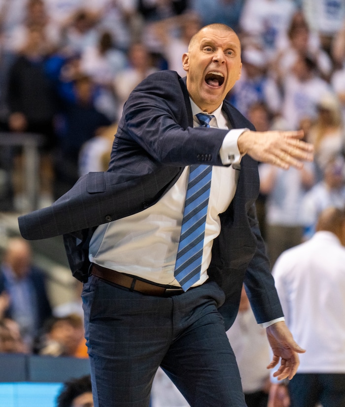 (Rick Egan | The Salt Lake Tribune) Brigham Young head coach Mark Pope reacts to a non-call by the official, in basketball action at the Marriott Center, on Saturday, Jan. 27, 2024.
