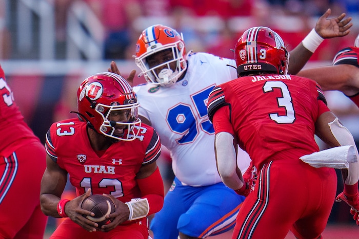 (Trent Nelson  |  The Salt Lake Tribune) Utah Utes quarterback Nate Johnson (13) as the Utah Utes host the Florida Gators, NCAA football in Salt Lake City on Thursday, Aug. 31, 2023.