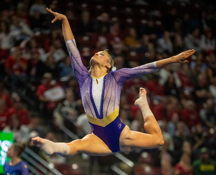 (Rick Egan | The Salt Lake Tribune)  LSU gymnast Livvy Dunne competes on the floor, in a gymnastics meet between Utah, LSU, Oklahoma and UCLA at the Maverik Center, on Saturday, Jan. 13, 2024.