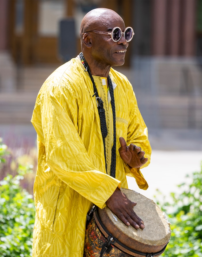 (Rick Egan | The Salt Lake Tribune)  Everett "The Messenger" Spencer drums at  at Salt Lake City Hall during a Juneteenth flag raising ceremony on Monday, June 19, 2023.