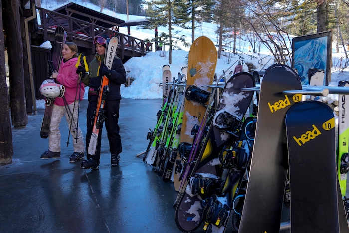 (Bethany Baker  |  The Salt Lake Tribune) Skiers carry their gear at Sundance Resort near Provo on Thursday, Dec. 14, 2023.