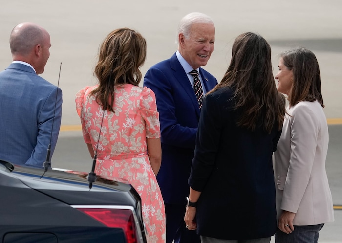 (Francisco Kjolseth | The Salt Lake Tribune) President Joe Biden is greeted by Gov. Spencer Cox and his wife Abby along with Salt Lake City Mayor Erin Mendenhall and Salt Lake County Mayor Jenny Wilson after departing Air Force One and landing at Roland R. Wright Air National Guard Base, Wednesday, Aug. 9, 2023.