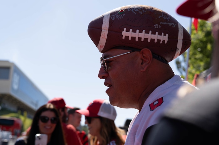 (Francisco Kjolseth  | The Salt Lake Tribune) Albert Gamboa joins the fun during tailgate parties as Utah State gets ready to host the University of Utah in NCAA college football on Saturday, Sept. 14, 2024, in Logan, Utah.