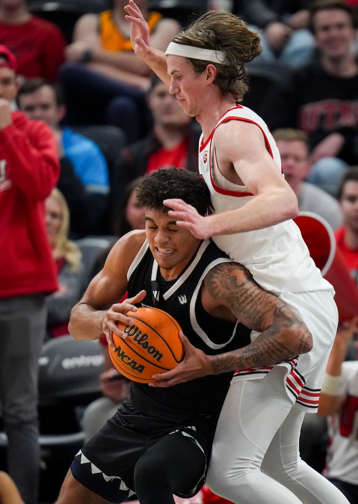 (Bethany Baker  |  The Salt Lake Tribune) Utah Utes center Branden Carlson (35) defends as Hawaii Warriors forward Justin McKoy (1) catches a rebound at the Delta Center in Salt Lake City on Thursday, Nov. 30, 2023.