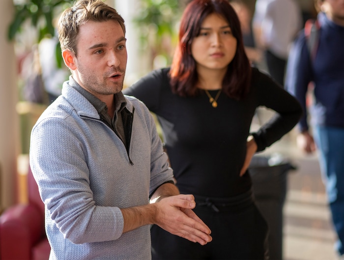 (Rick Egan | The Salt Lake Tribune)  University of Utah Student Body President, Jack O’Leary talks to protesters during a sit-in, as the group Mecha occupies the Union Ballroom during a protest on the University of Utah Campus, on Wednesday, Nov. 15, 2023.
