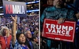 (Todd Heisler; Jim Vondruska | The New York Times) Supporters for presidential candidates hold signs during campaign stops. At left, a sign for Kamala Harris in Chicago, on Tuesday, Aug. 20, 2024. At right, a sign for Donald Trump in La Crosse, Wisconsin, on Thursday, Aug. 29, 2024. This presidential election is dividing Latter-day Saints and, in some cases, leading to nasty infighting.