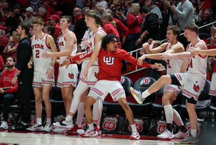 (Francisco Kjolseth  |  The Salt Lake Tribune) The Utah bench erupts during game play in PAC-12 basketball between the Utah Utes and the Arizona Wildcats at the Jon M. Huntsman Center, on Thursday, Feb. 8, 2024.