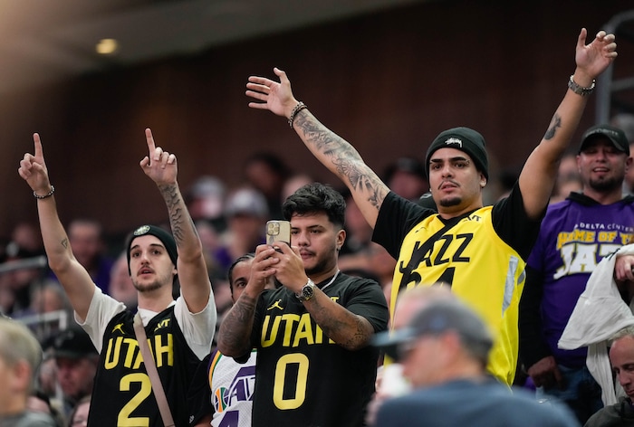 (Francisco Kjolseth  |  The Salt Lake Tribune) Jazz fans cheer on the team as the Utah Jazz host the Sacramento Kings, during NBA basketball in Salt Lake City on Wednesday, Oct. 25, 2023.