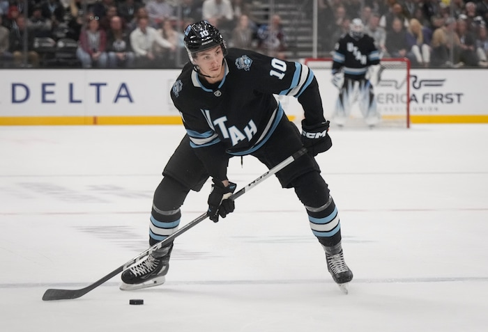 (Bethany Baker  |  The Salt Lake Tribune) Utah Hockey Club defenseman Maveric Lamoureux (10) looks to shoot during the game between the Utah Hockey Club and the Colorado Avalanche at the Delta Center in Salt Lake City on Thursday, Oct. 24, 2024.