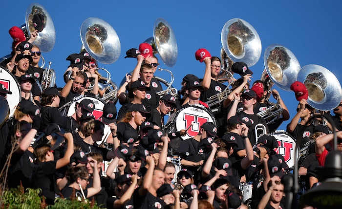 (Francisco Kjolseth  | The Salt Lake Tribune) The Utah band plays in the stands as Utah State hosts the University of Utah during the second half of an NCAA college football game Saturday, Sept. 14, 2024, in Logan, Utah.