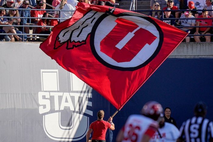 (Francisco Kjolseth  | The Salt Lake Tribune) Utah State hosts the University of Utah during the second half of an NCAA college football game Saturday, Sept. 14, 2024, in Logan, Utah.