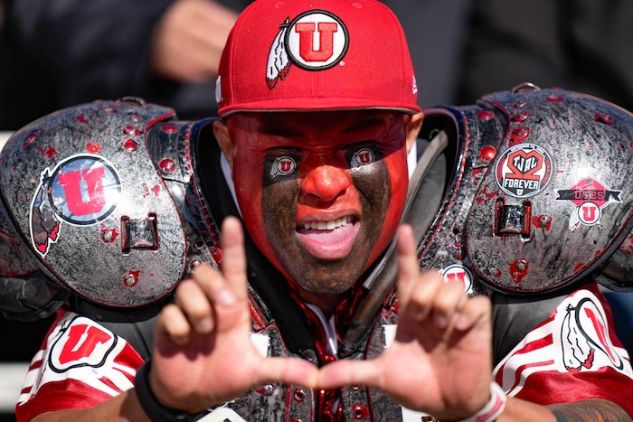 (Francisco Kjolseth  |  The Salt Lake Tribune) Utah fans cheer on the team as the Utah Utes host the Arizona State Sun Devils in NCAA football in Salt Lake City on Saturday, Nov. 4, 2023.