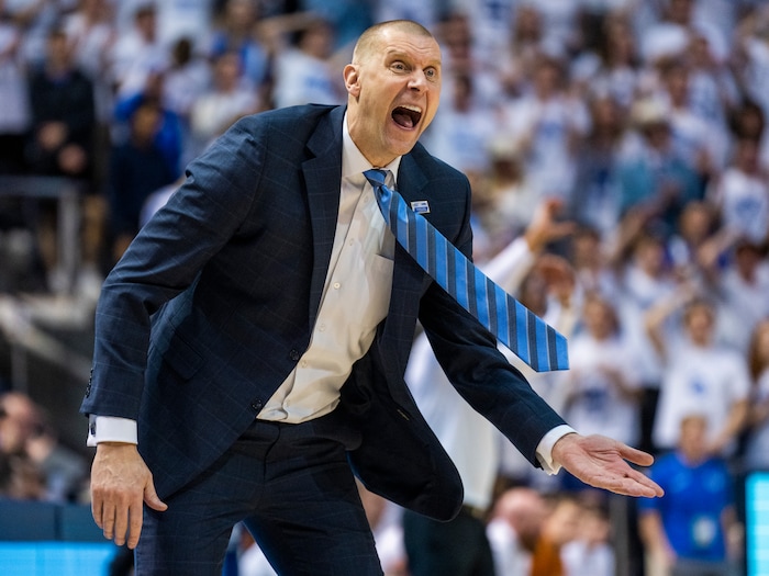 (Rick Egan | The Salt Lake Tribune) Brigham Young head coach Mark Pope reacts to a non-call by the official, in basketball action at the Marriott Center, on Saturday, Jan. 27, 2024.
