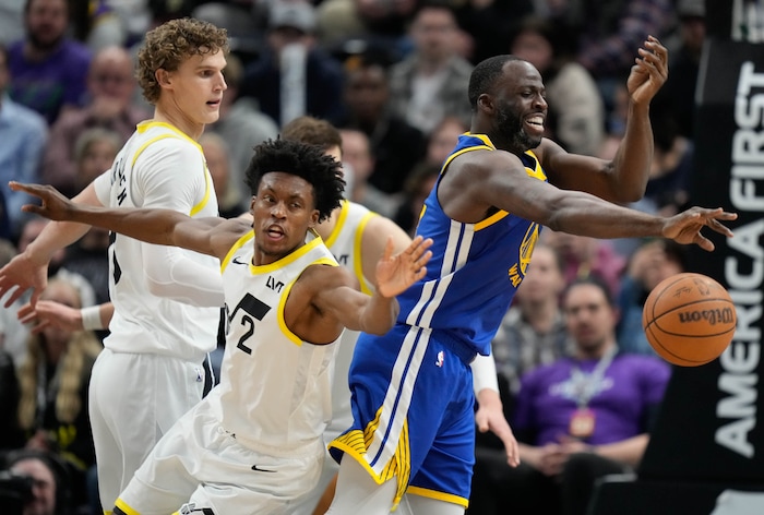 (Francisco Kjolseth  |  The Salt Lake Tribune) Utah Jazz guard Collin Sexton (2) knocks the ball away from Golden State Warriors forward Draymond Green (23) during an NBA basketball game Thursday, Feb. 15, 2024, in Salt Lake City.