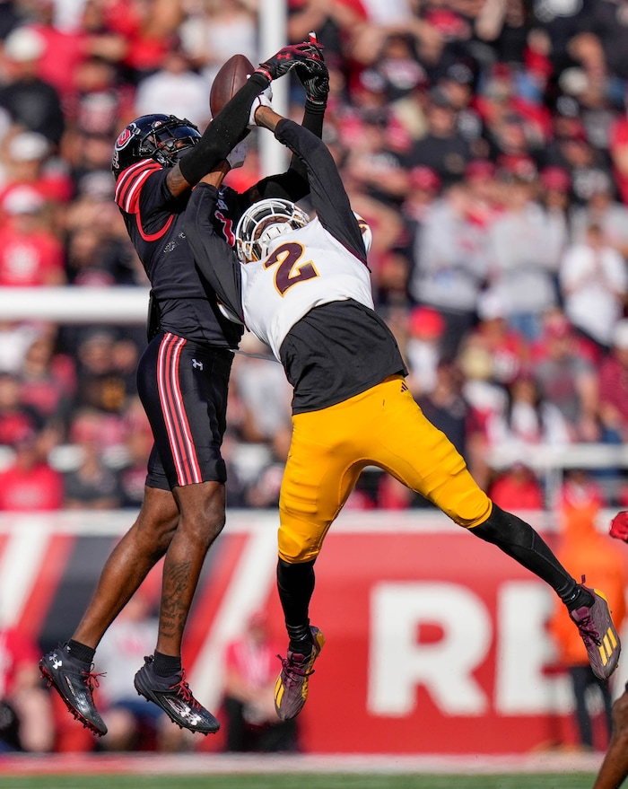 (Francisco Kjolseth  |  The Salt Lake Tribune) Utah Utes cornerback Miles Battle (1) steals a pass intended for Arizona State Sun Devils wide receiver Elijhah Badger (2) in NCAA football in Salt Lake City on Saturday, Nov. 4, 2023.