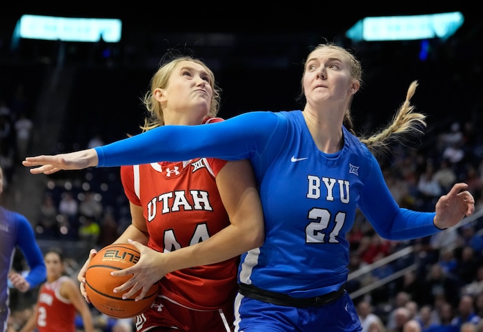 (Francisco Kjolseth  | The Salt Lake Tribune) Utah Utes forward Samantha Crispe (44) is pressured by BYU Cougars forward Heather Hamson (21) as BYU hosts Utah, NCAA basketball in Provo on Saturday, Jan. 25, 2025.