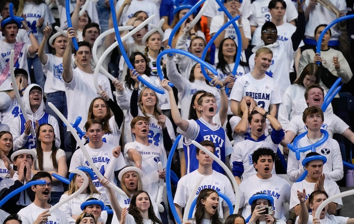 (Francisco Kjolseth  |  The Salt Lake Tribune) The BYU student section goes wild as their team takes on the TCU Horned Frogs during an NCAA college basketball game against TCU Saturday, March 2, 2024, in Provo, Utah.