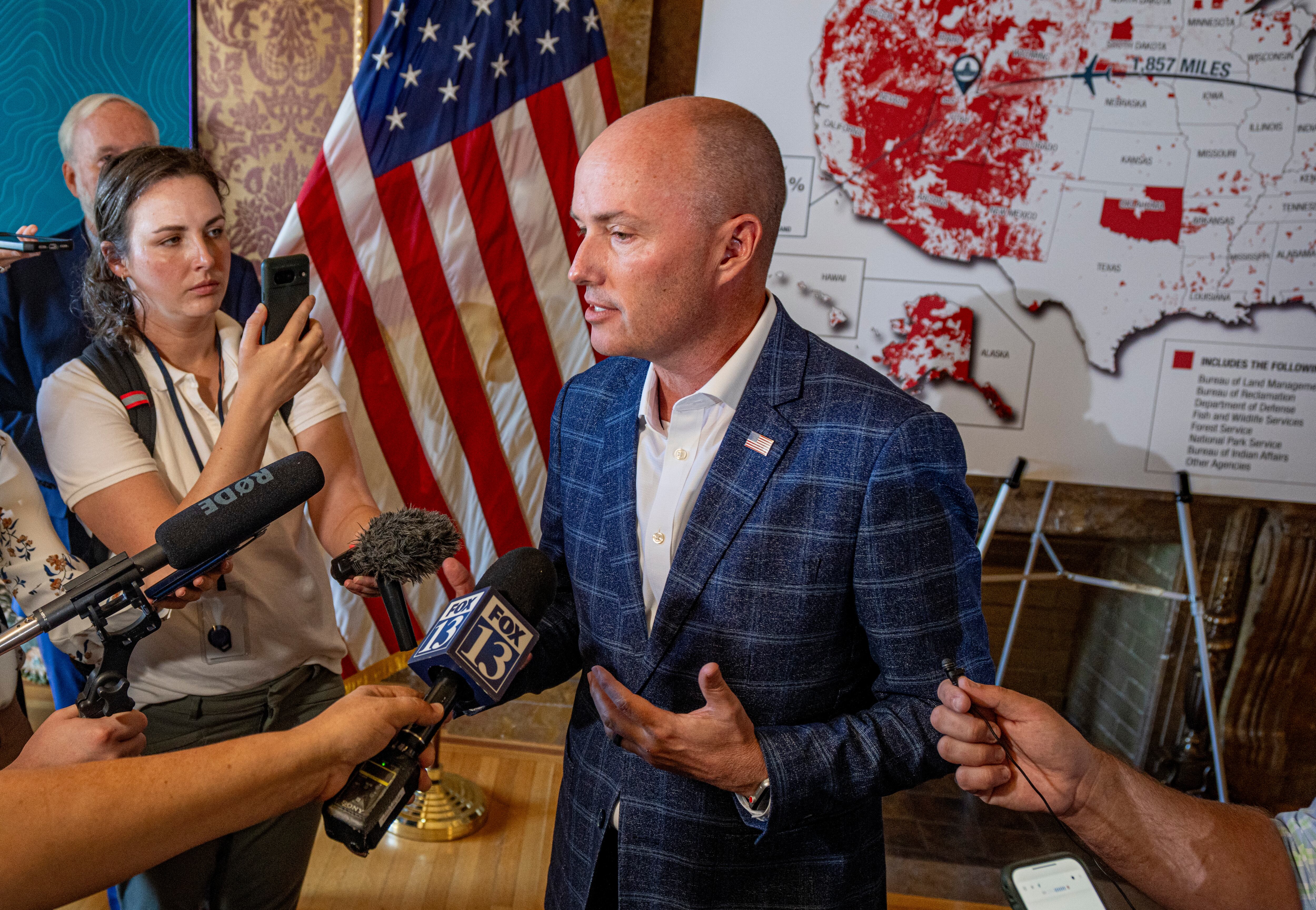 (Rick Egan | The Salt Lake Tribune) Senate President Stuart Adams answers questions about the public lands law suit, during a news conference at the Capitol, on Tuesday, Aug. 20, 2024.
