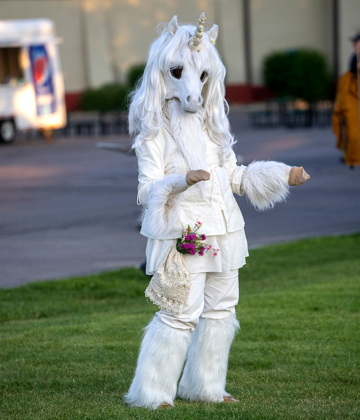 (Rick Egan | The Salt Lake Tribune)  A white Unicorn dances to the music, at the Utah Scottish Festival, at the Utah State Fairpark, on Friday, June 16, 2023.
