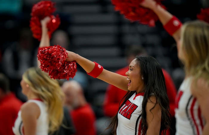 (Bethany Baker  |  The Salt Lake Tribune) University of Utah cheerleaders perform during the game against the Hawaii Warriors at the Delta Center in Salt Lake City on Thursday, Nov. 30, 2023.