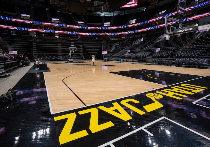 (Rick Egan | The Salt Lake Tribune) A contestant performs for the judges, during the Jazz National Anthem try outs, at the Delta Center, on Tuesday, Aug. 29, 2023.