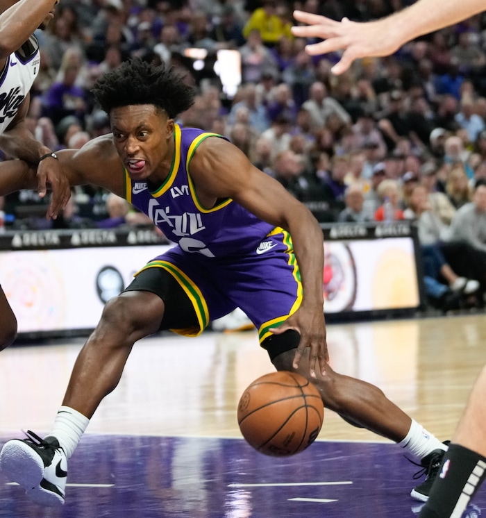 (Francisco Kjolseth  |  The Salt Lake Tribune) Utah Jazz guard Collin Sexton (2) looks for an opening as the Utah Jazz host the Sacramento Kings, during NBA basketball in Salt Lake City on Wednesday, Oct. 25, 2023.