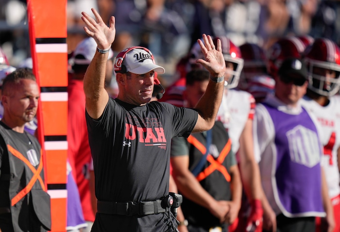 (Francisco Kjolseth  | The Salt Lake Tribune) University of Utah defensive coordinator Morgan Scalley 
as the Utah Utes are hosted by Utah State during NCAA football in Logan, Utah on Saturday, Sept. 14, 2024. 