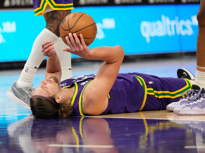 (Francisco Kjolseth  |  The Salt Lake Tribune) Utah Jazz forward Kelly Olynyk (41) takes a moment to get up after a collision as the Utah Jazz host the Sacramento Kings, during NBA basketball in Salt Lake City on Wednesday, Oct. 25, 2023.