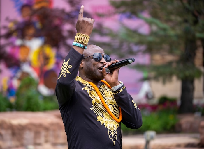 (Rick Egan | The Salt Lake Tribune)  Alex Boyé sings at The Gateway mall during a Juneteenth celebration on Monday, June 19, 2023.