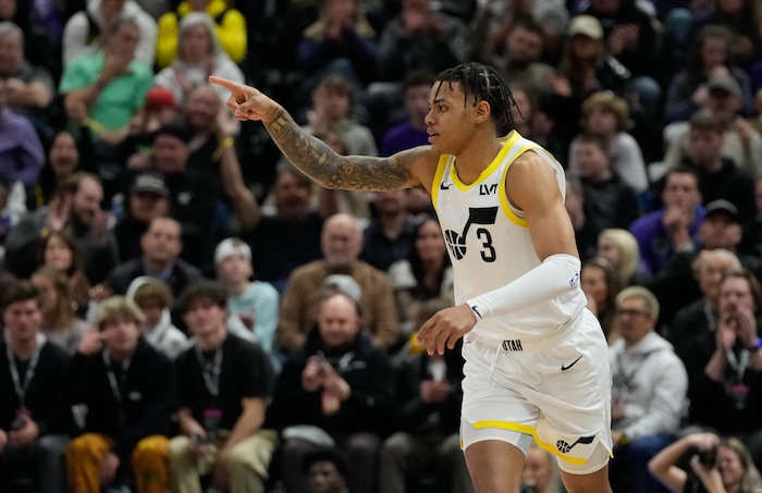 (Francisco Kjolseth  |  The Salt Lake Tribune) Utah Jazz guard Keyonte George (3) makes a three point shot during game action against the Warriors in an NBA basketball game Thursday, Feb. 15, 2024, in Salt Lake City.