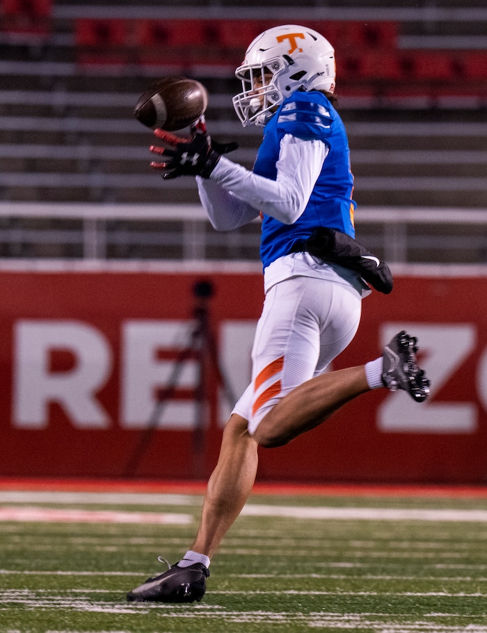 (Rick Egan | The Salt Lake Tribune)   Timpview Thunderbird wide receiver Jaron  Pula tries to grab a pass, in 5A State playoff action between the Timpview Thunderbirds and the Bountiful Redhawks, at Rice-Eccles Stadium, on Friday, Nov. 17, 2023.
