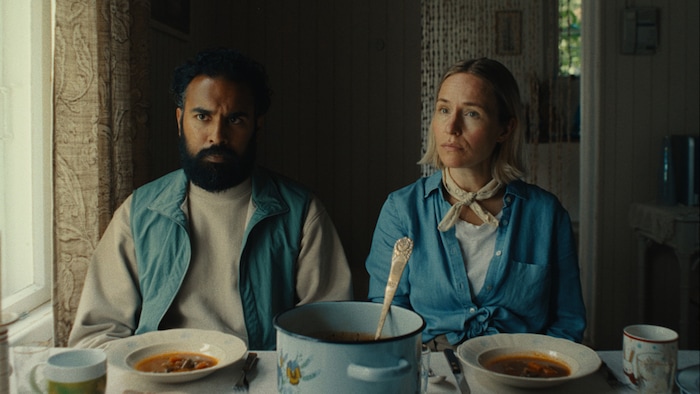 (Sundance Institute) Himesh Patel, left, and Sarah Goldberg play newlyweds smuggling cabbages in director Evan Twohy's "Bubble & Squeak," an official selection of the 2025 Sundance Film Festival, in the U.S. Dramatic competition.