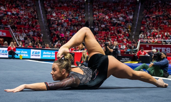 (Rick Egan | The Salt Lake Tribune)  Jaylene Gilatrap performs on the floor, in gymnastics action between Utah  Red Rocks and Oregon State, at the Jon M. Huntsman Center, on Friday, Feb. 2, 2024.
