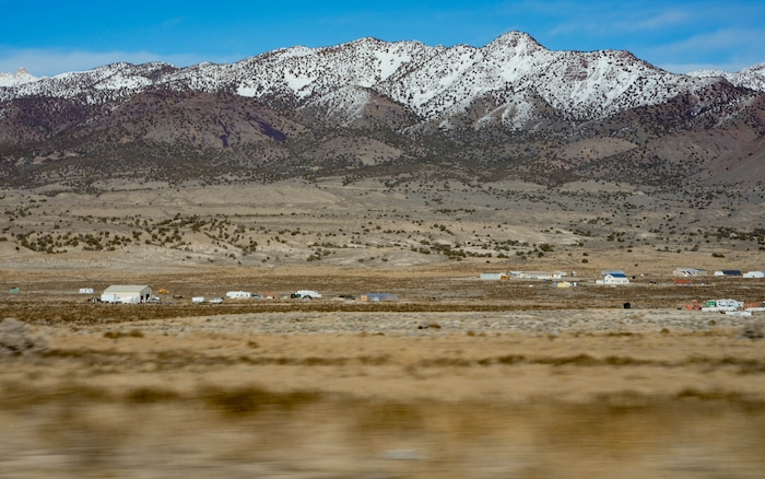 (Francisco Kjolseth  |  The Salt Lake Tribune) The Simpson Mountains rise to the east of Riverbed Ranch, a remote self reliant community near the Pony Express National Historical Trail in the remote western Utah desert, Saturday, February. 17, 2024.