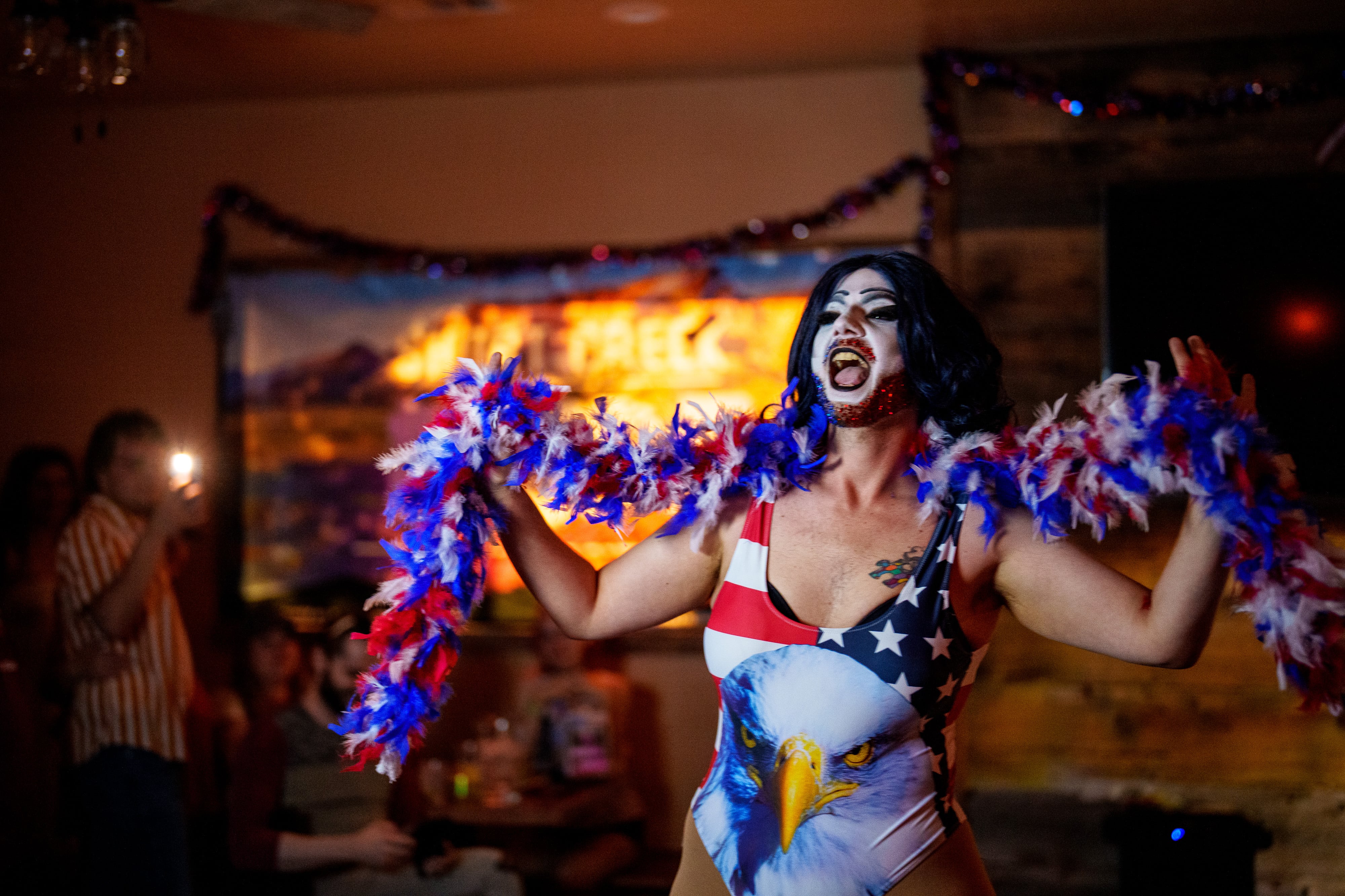 (Trent Nelson | The Salt Lake Tribune) Karma Z. at the Freedom to the Queens drag show at Edge of the World Brewery in Colorado City, Ariz., on Thursday, July 4, 2024.