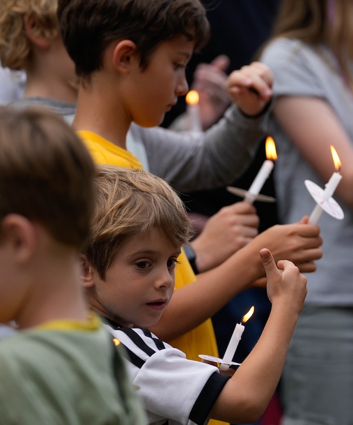 (Francisco Kjolseth  |  The Salt Lake Tribune) Schoolmates, family and friends gather for a memorial at Laird Park in Salt Lake City on Wednesday, May 22, 2024, to honor Adlai Owen. Police say Adlai’s father, Sam Owen, fatally shot Adlai before killing himself in an apparent murder-suicide on Saturday, May 18, 2024.